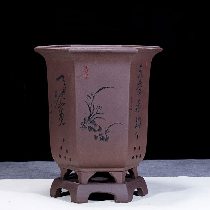 8.4" Deep Elegant Hand-Carved Hexagonal Cascade Bonsai Pot w Stand