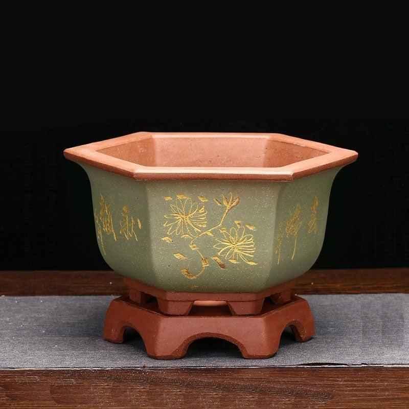 8.4" (21.5cm) Hexagonal Unglazed Bonsai Pots w Stand