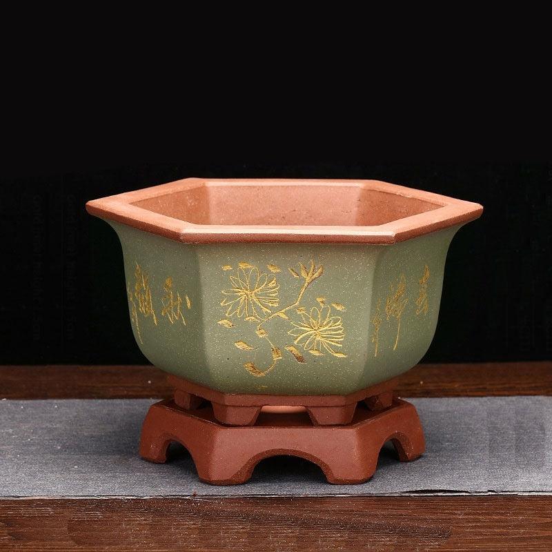 8.4" Hexagonal Unglazed Bonsai Pots w Stand - Potscape