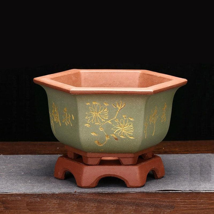 8.4" Hexagonal Unglazed Bonsai Pots w Stand - Potscape