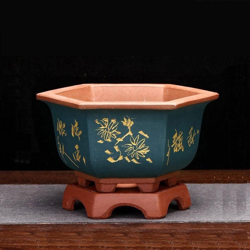 8.4" Hexagonal Unglazed Bonsai Pots w Stand - Potscape