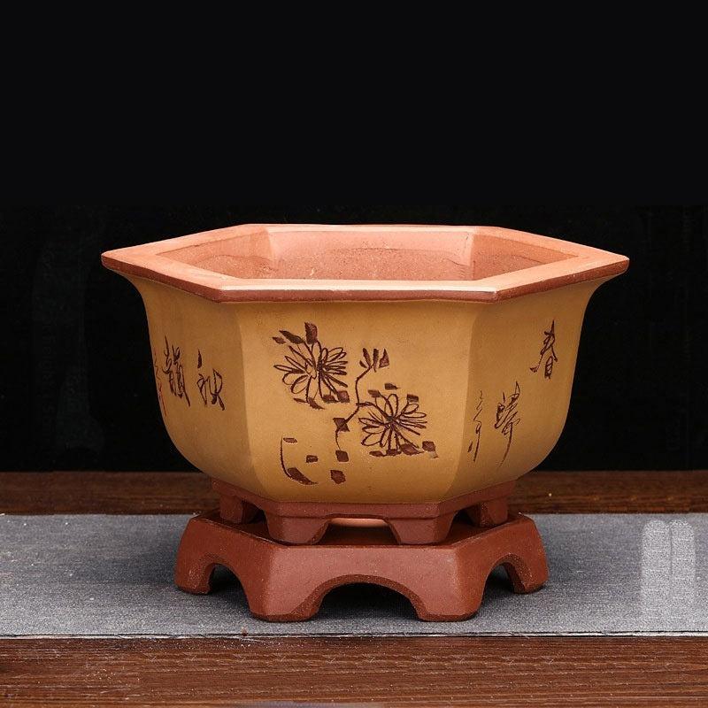 8.4" Hexagonal Unglazed Bonsai Pots w Stand - Potscape
