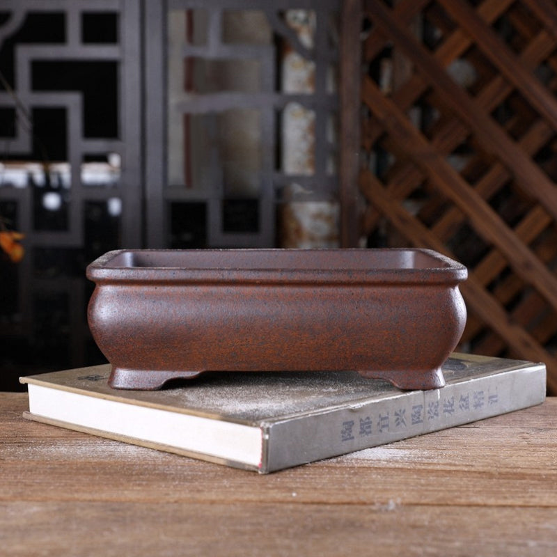 8.4 Inch (21.5cm) Large Rectangular Wood-Fired Unglazed Soft-Curve Bonsai Pot