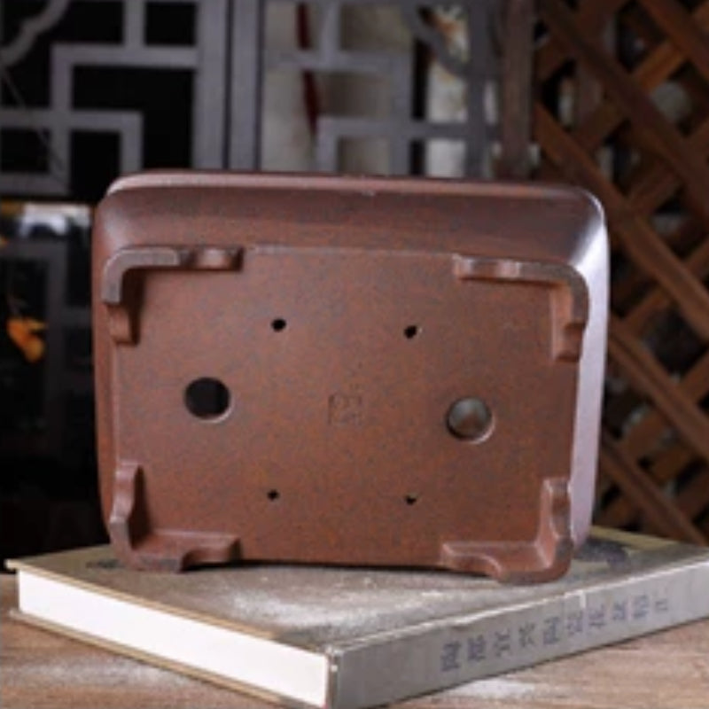 8.4 Inch (21.5cm) Large Rectangular Wood-Fired Unglazed Soft-Curve Bonsai Pot Bottom View