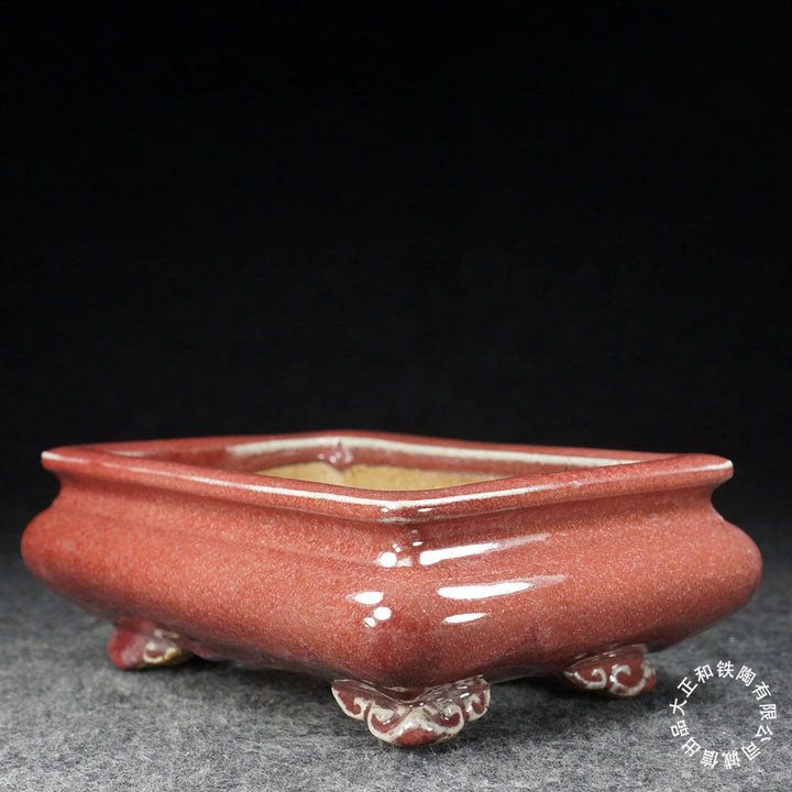 8.4 inch (21.5cm) Bulged Rectangular Pink-Red Jun Glaze Bonsai Pot with Cloud Feet Corner View
