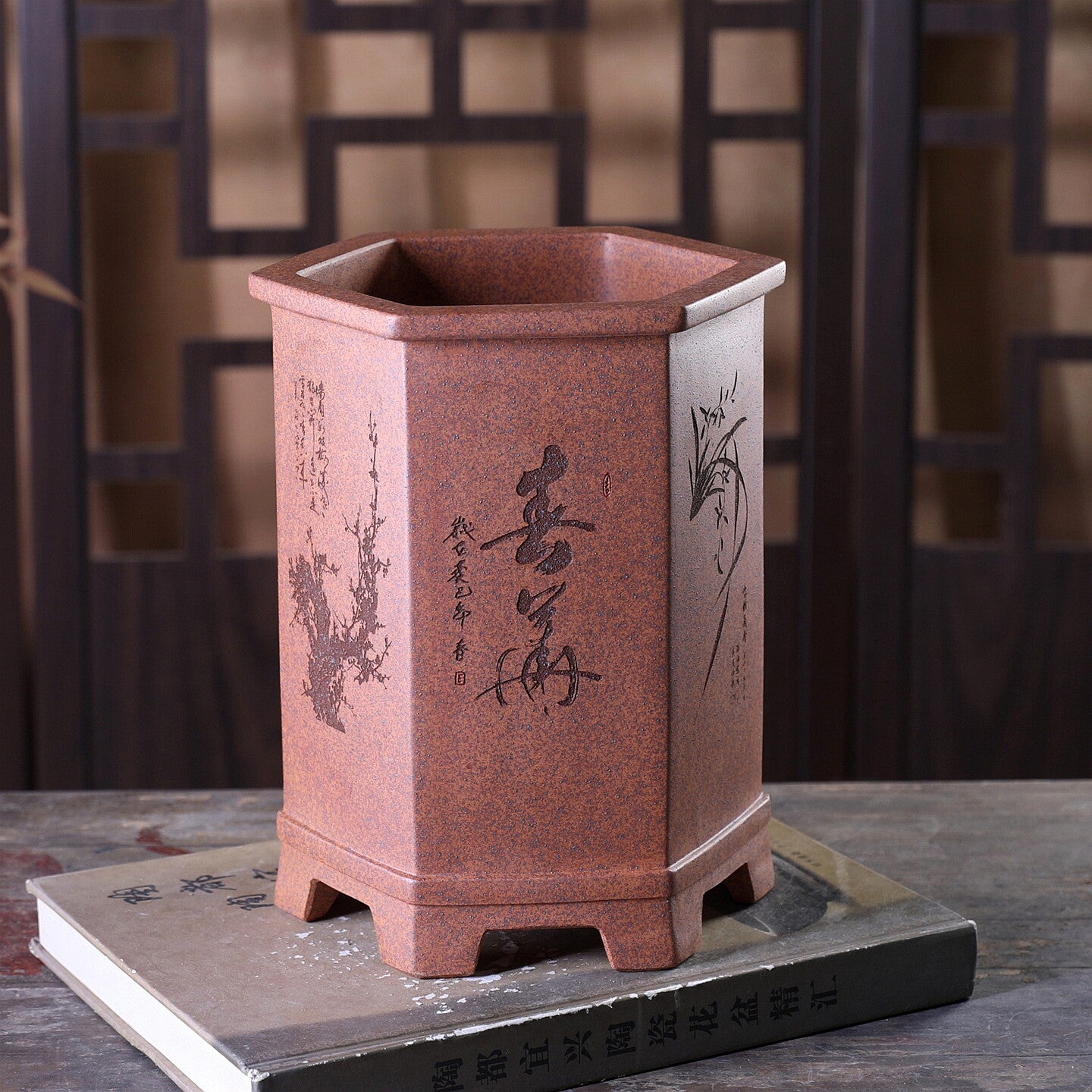 8.4 inch (21.5cm) Deep Hexagonal Wood-Fired Unglazed Carved Cascade Bonsai Pot