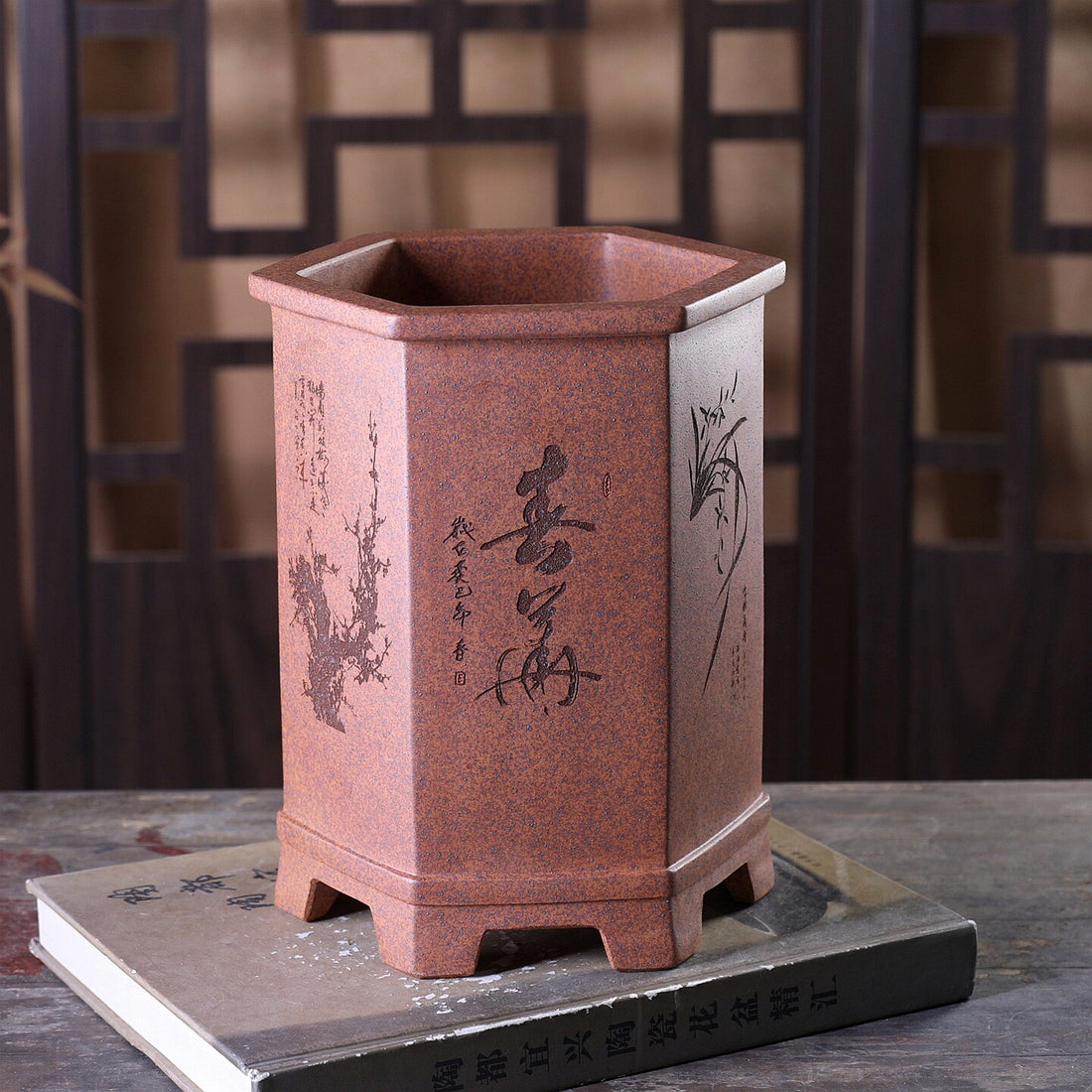 8.4 inch (21.5cm) Deep Hexagonal Wood-Fired Unglazed Carved Cascade Bonsai Pot