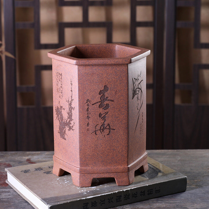 8.4 inch (21.5cm) Deep Hexagonal Wood-Fired Unglazed Carved Cascade Bonsai Pot
