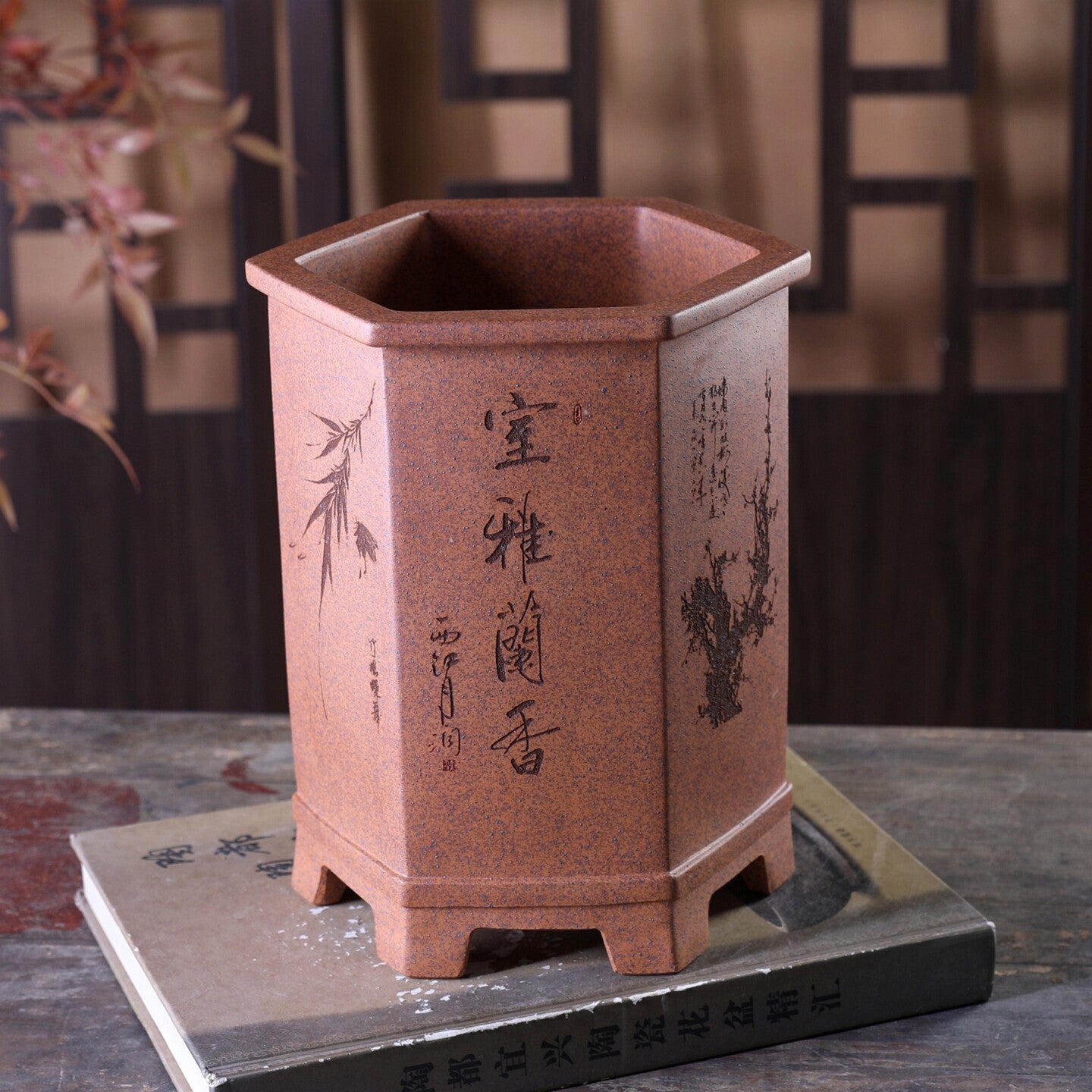 8.4 inch (21.5cm) Deep Hexagonal Wood-Fired Unglazed Carved Cascade Bonsai Pot