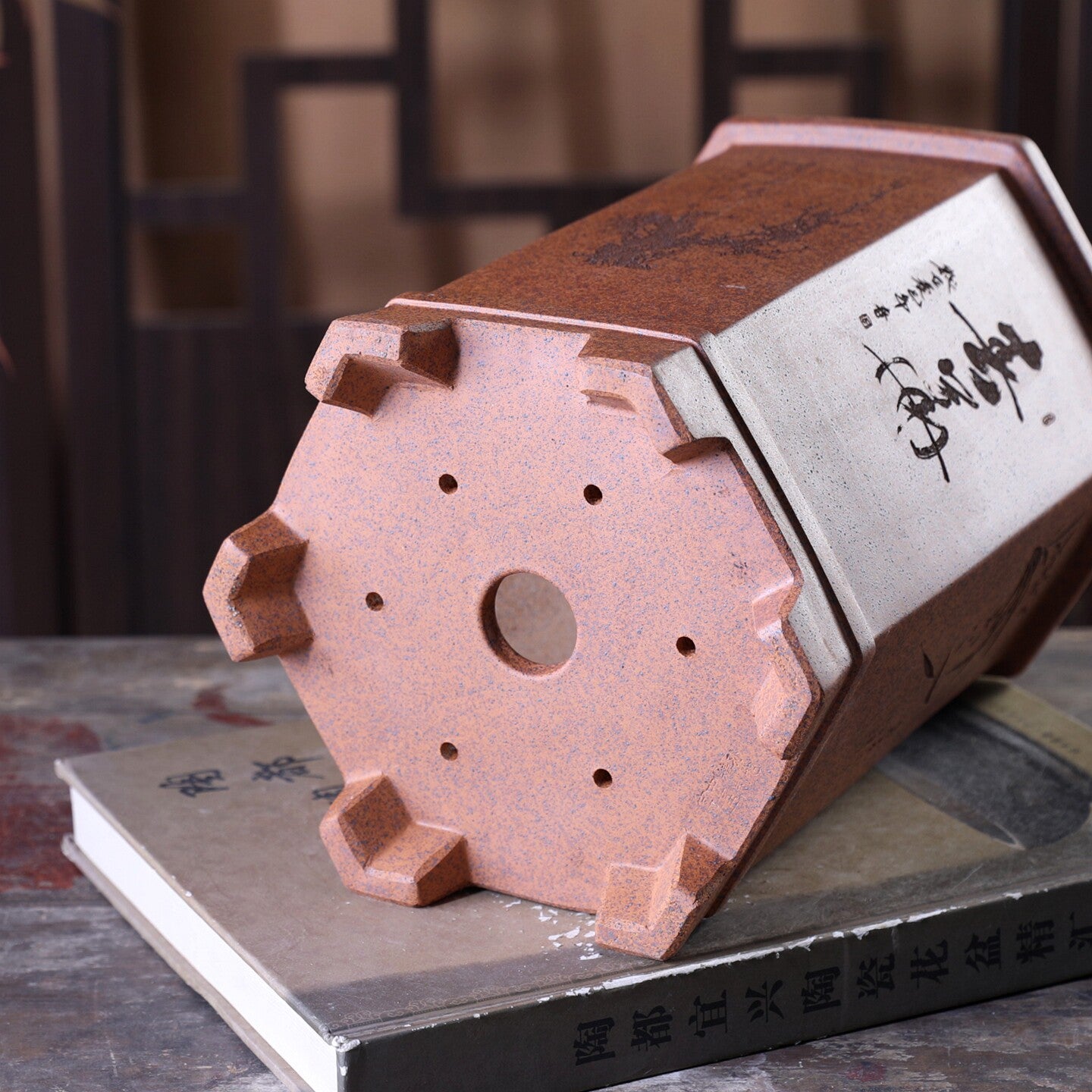 8.4 inch (21.5cm) Deep Hexagonal Wood-Fired Unglazed Carved Cascade Bonsai Pot Bottom View