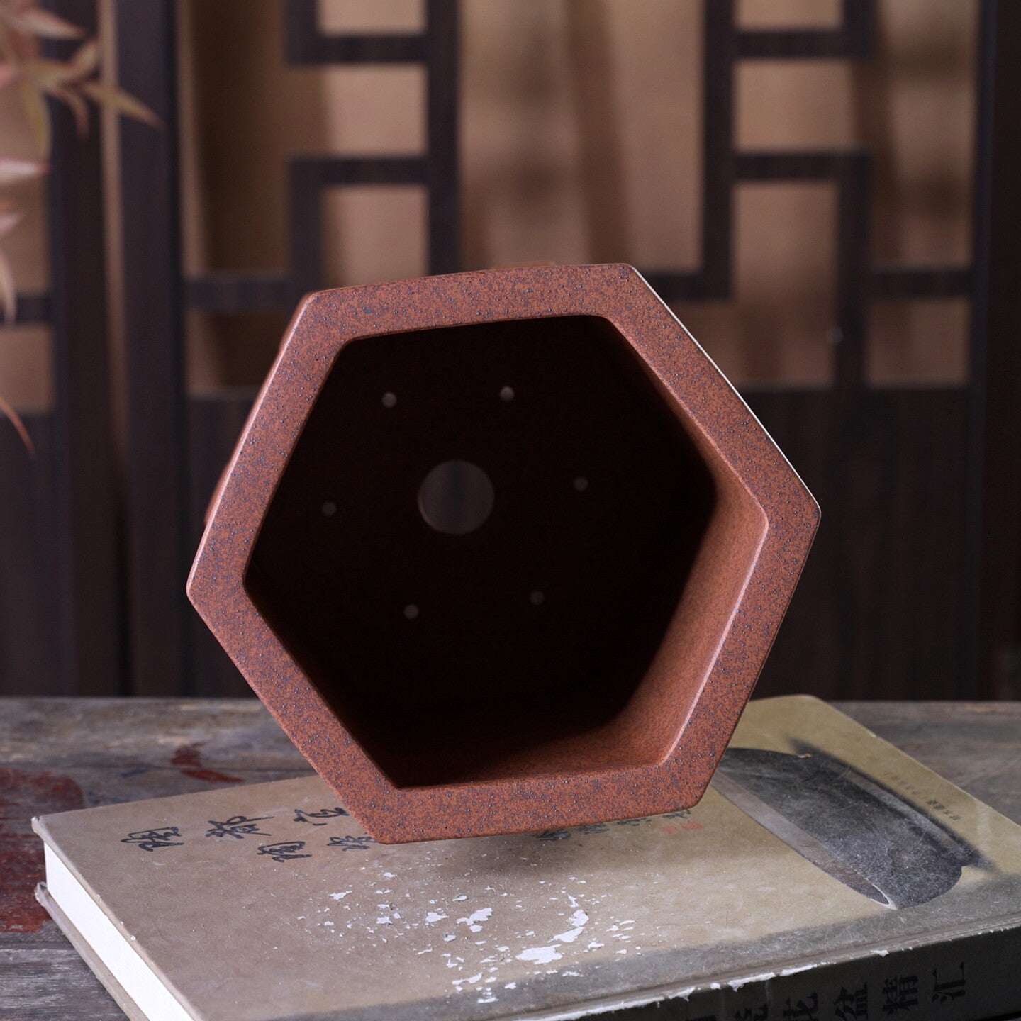 8.4 inch (21.5cm) Deep Hexagonal Wood-Fired Unglazed Carved Cascade Bonsai Pot Inner View