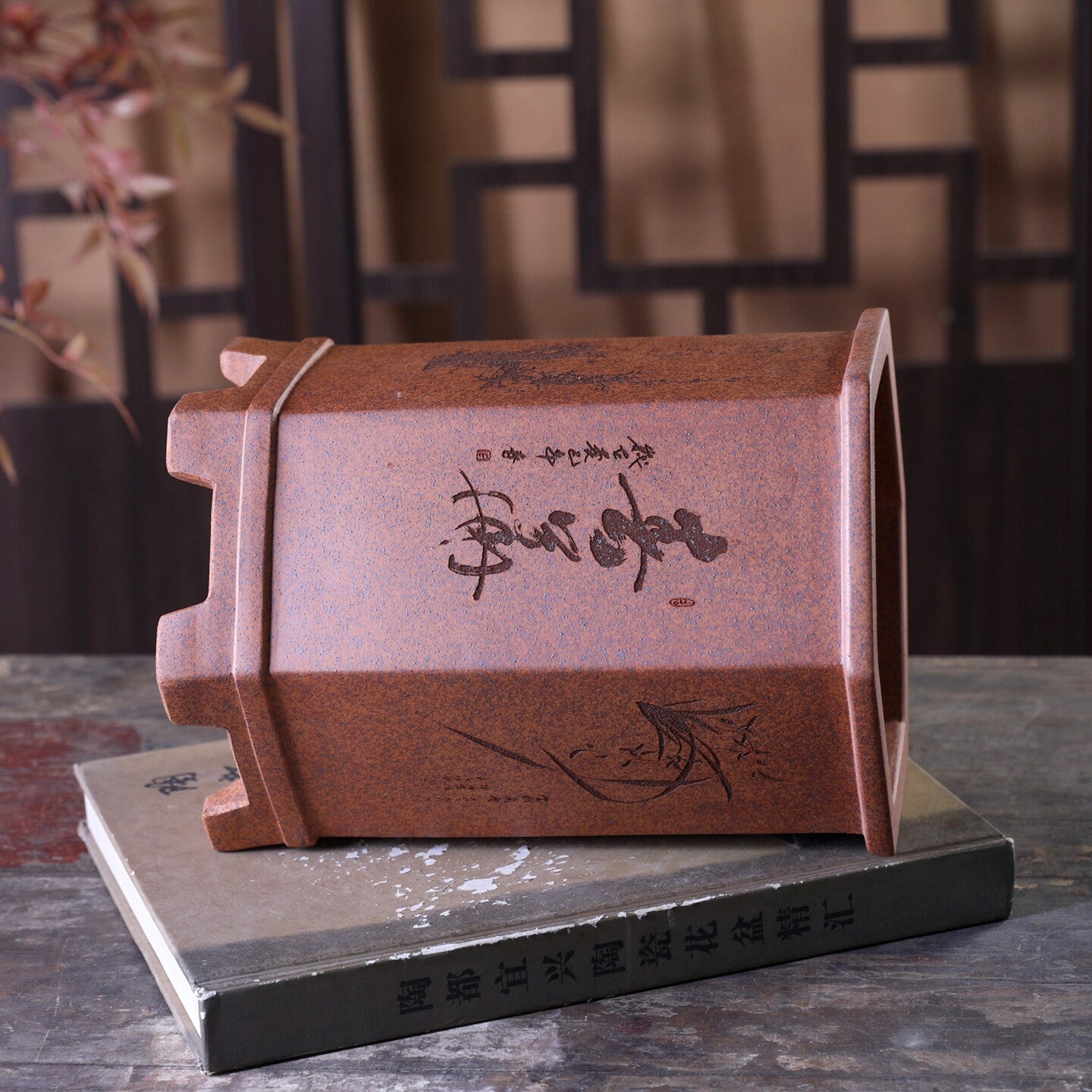 8.4 inch (21.5cm) Deep Hexagonal Wood-Fired Unglazed Carved Cascade Bonsai Pot Side View