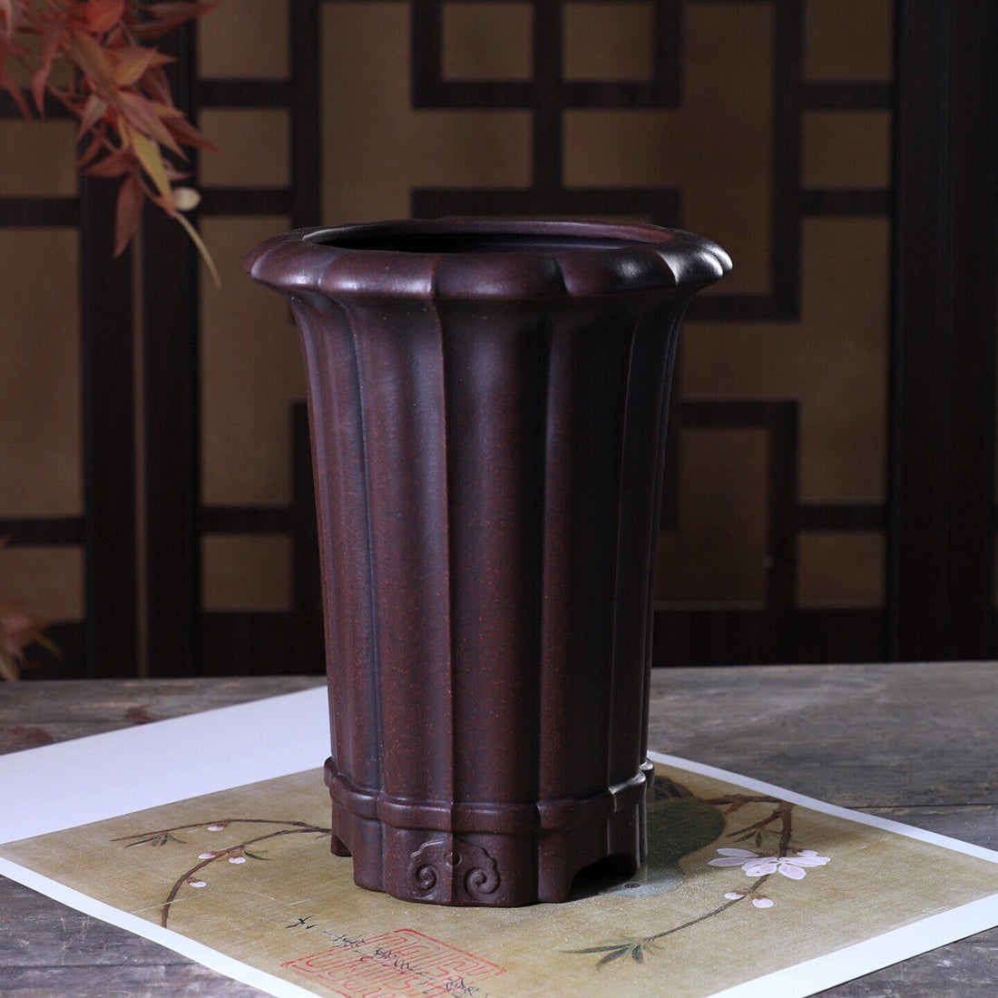 8.4 inch (21.5cm) Deep Round Unglazed Cascade Bonsai Pot w Lotus-Style Scalloped Exterior