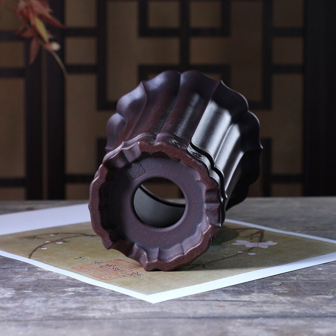 8.4 inch (21.5cm) Deep Round Unglazed Cascade Bonsai Pot w Lotus-Style Scalloped Exterior Bottom View