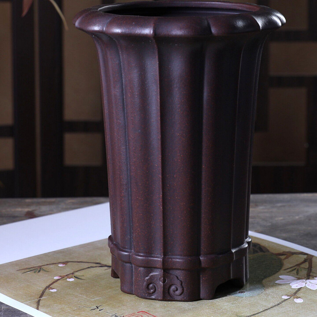 8.4 inch (21.5cm) Deep Round Unglazed Cascade Bonsai Pot w Lotus-Style Scalloped Exterior Close Shot