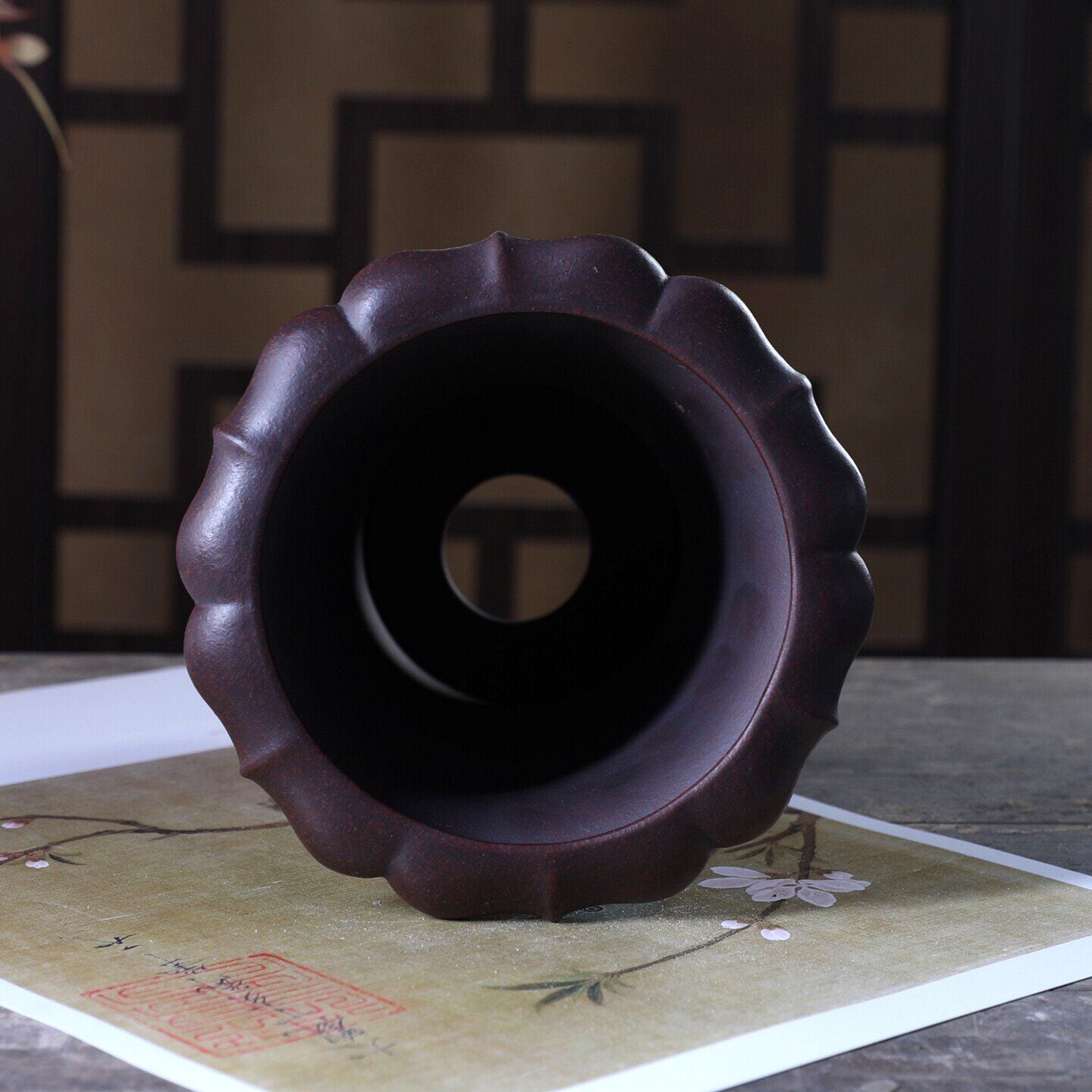 8.4 inch (21.5cm) Deep Round Unglazed Cascade Bonsai Pot w Lotus-Style Scalloped Exterior Inner View