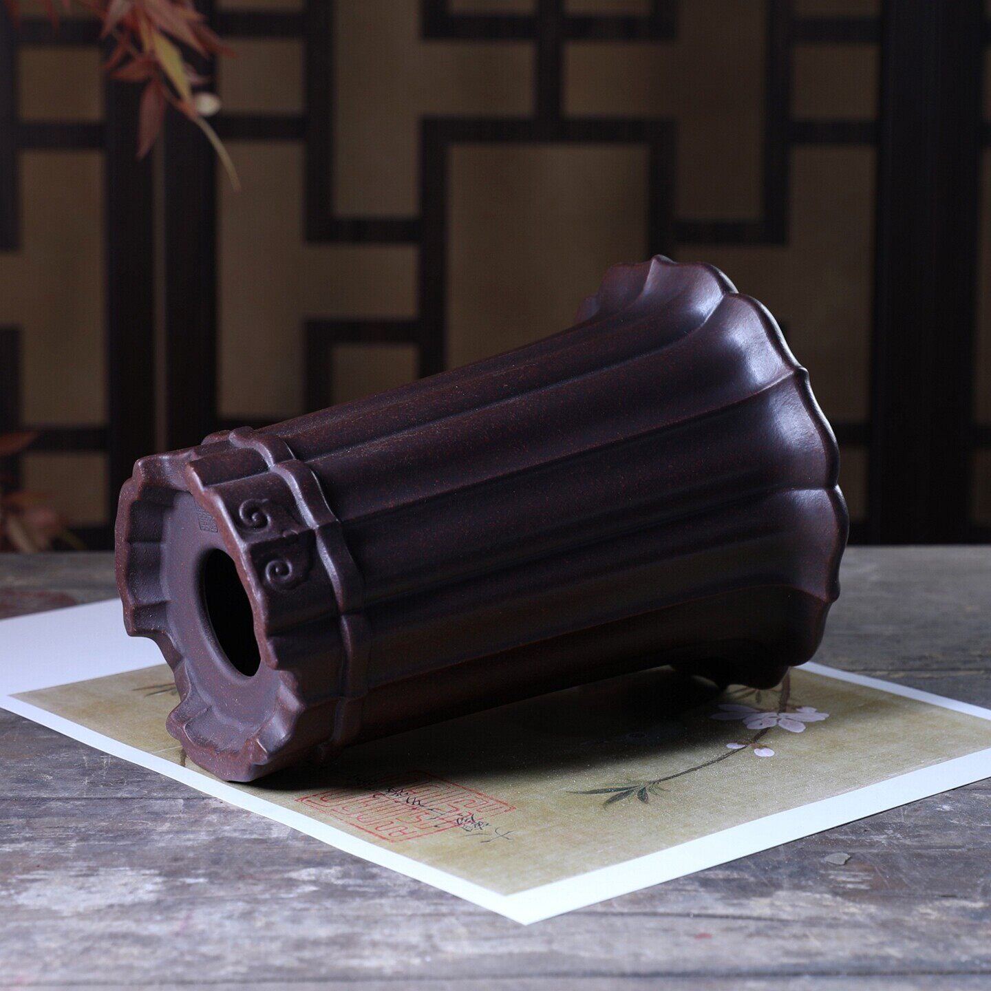 8.4 inch (21.5cm) Deep Round Unglazed Cascade Bonsai Pot w Lotus-Style Scalloped Exterior Side View