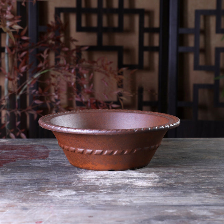 8.4 inch (21.5cm) Large Flared Round Speckled Finish Unglazed Bonsai Pot w Twisted-Rope Style Rim