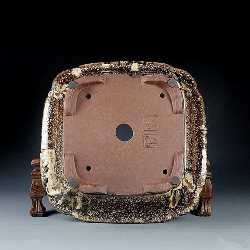 8.4 inch (21.5cm) Medium-Sized Square Exclusive Drip Glaze Bonsai Pot Upside Down Bottom View