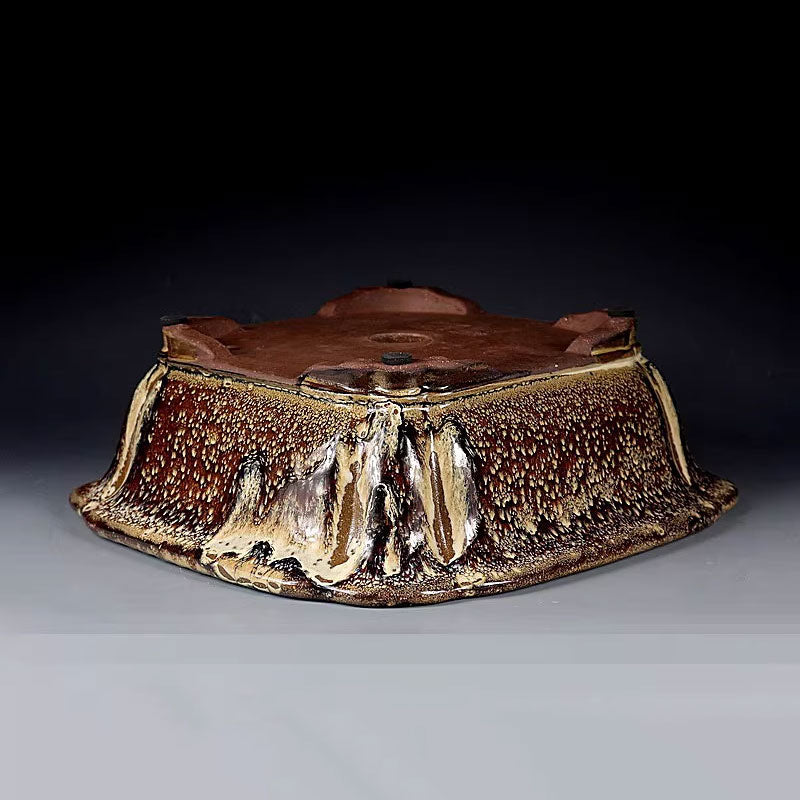 8.4 inch (21.5cm) Medium-Sized Square Exclusive Drip Glaze Bonsai Pot Upside Down Corner View