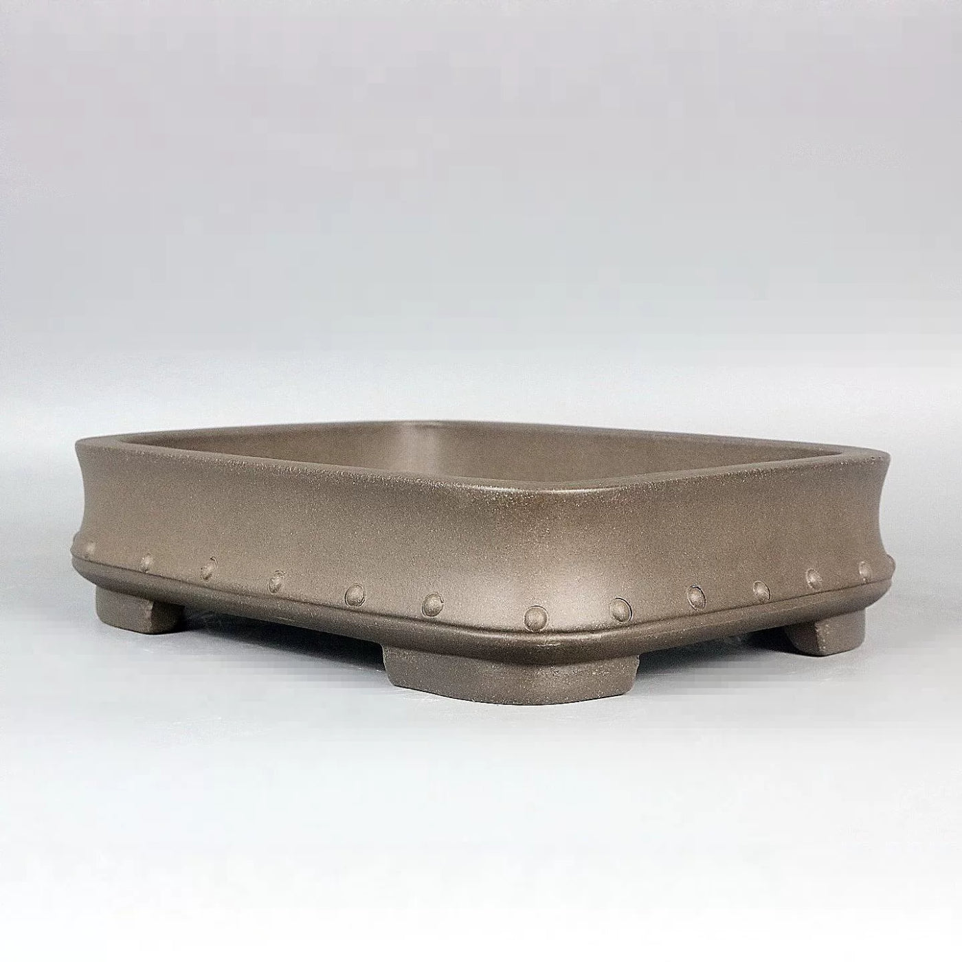 8.4 inch (21.5cm) Medium-Sized Tapered Rectangular Studded Unglazed Bonsai Pot Corner View