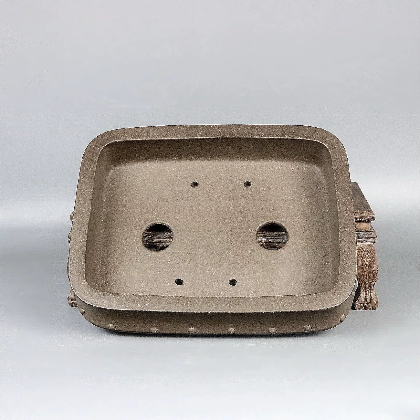 8.4 inch (21.5cm) Medium-Sized Tapered Rectangular Studded Unglazed Bonsai Pot Inner View