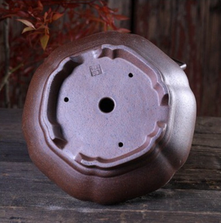 8.4 inch (21.5cm) Soft Hexagonal Wood-Fired Unglazed Shallow Bonsai Pot Bottom View