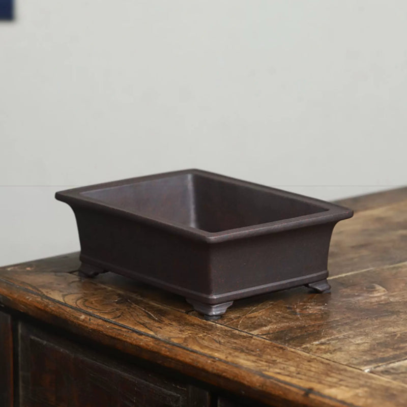 8.5" (21.7cm) Medium-Sized Rectangular Premium Unglazed Black Bonsai Pot Corner View