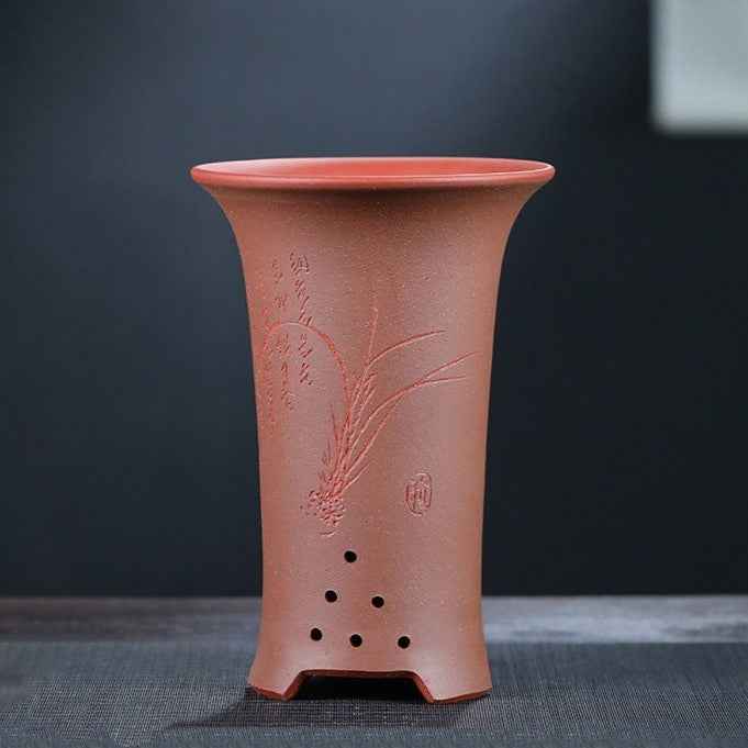 8.5" Deep Elegant Brown Cascade Bonsai Pot w Artistic Engravings