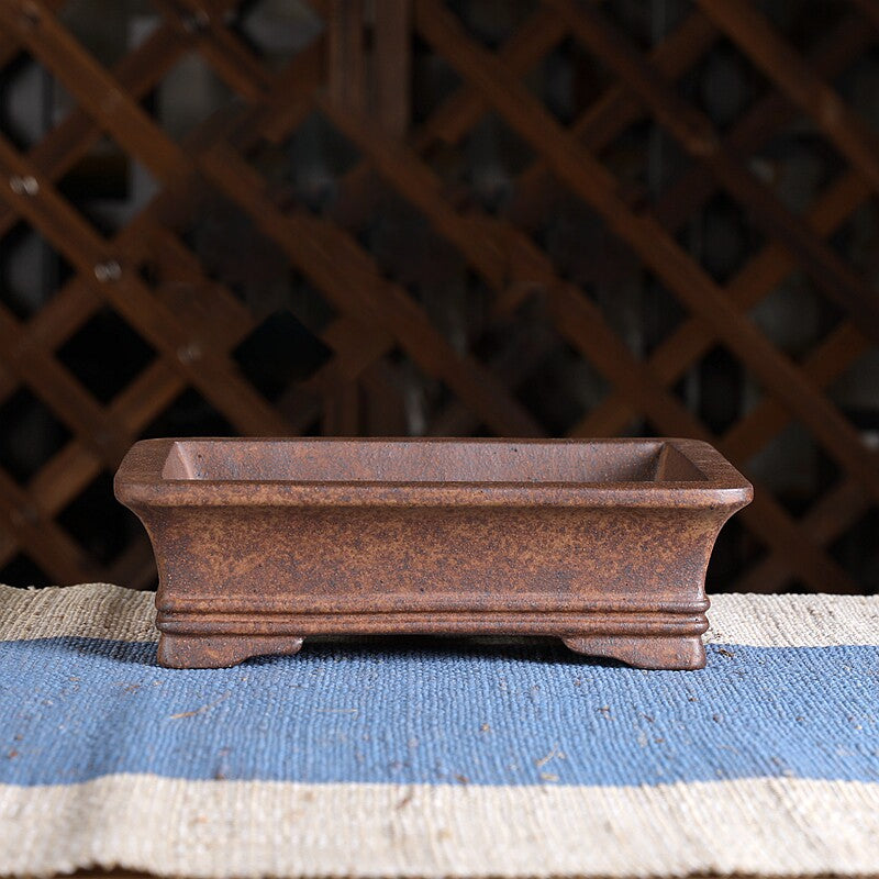 8.5 inch (21.8cm) Flared Rectangular Wood-Fired Unglazed Bonsai Pot with Raised Lines