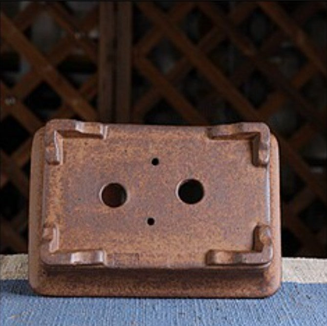 8.5 inch (21.8cm) Flared Rectangular Wood-Fired Unglazed Bonsai Pot with Raised Lines Bottom View