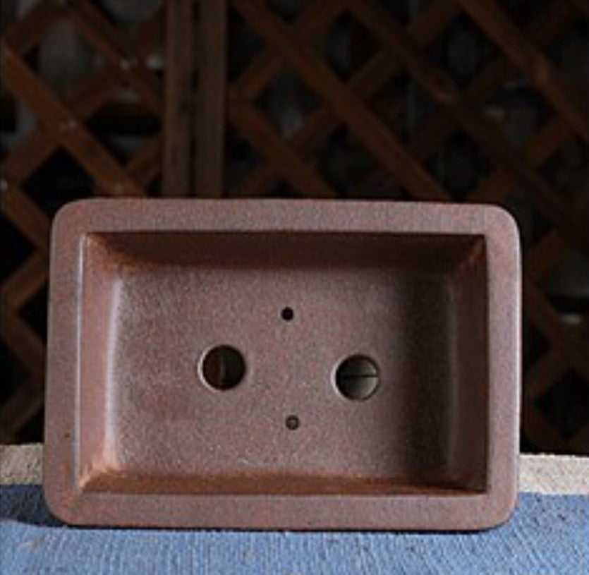 8.5 inch (21.8cm) Flared Rectangular Wood-Fired Unglazed Bonsai Pot with Raised Lines Inner View