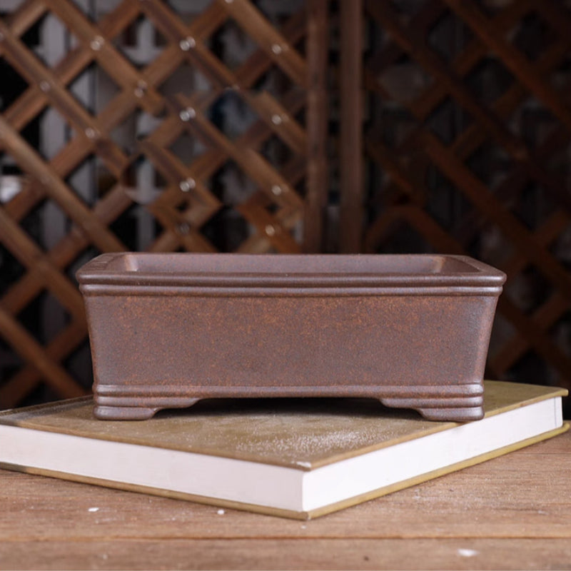 8.5 inch (21.8cm) Rectangular Wood-Fired Unglazed Bonsai Pot with Raised Lines