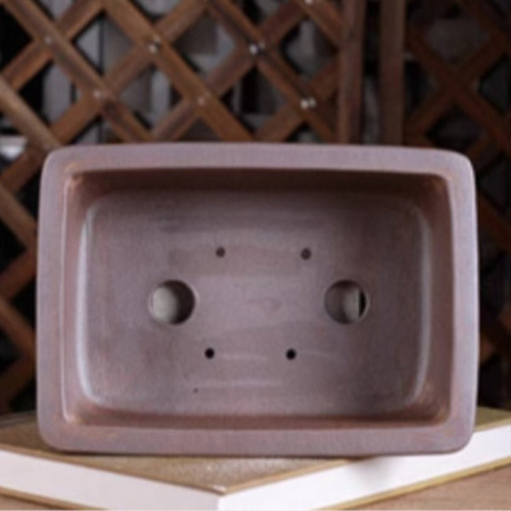 8.5 inch (21.8cm) Rectangular Wood-Fired Unglazed Bonsai Pot with Raised Lines Inner View