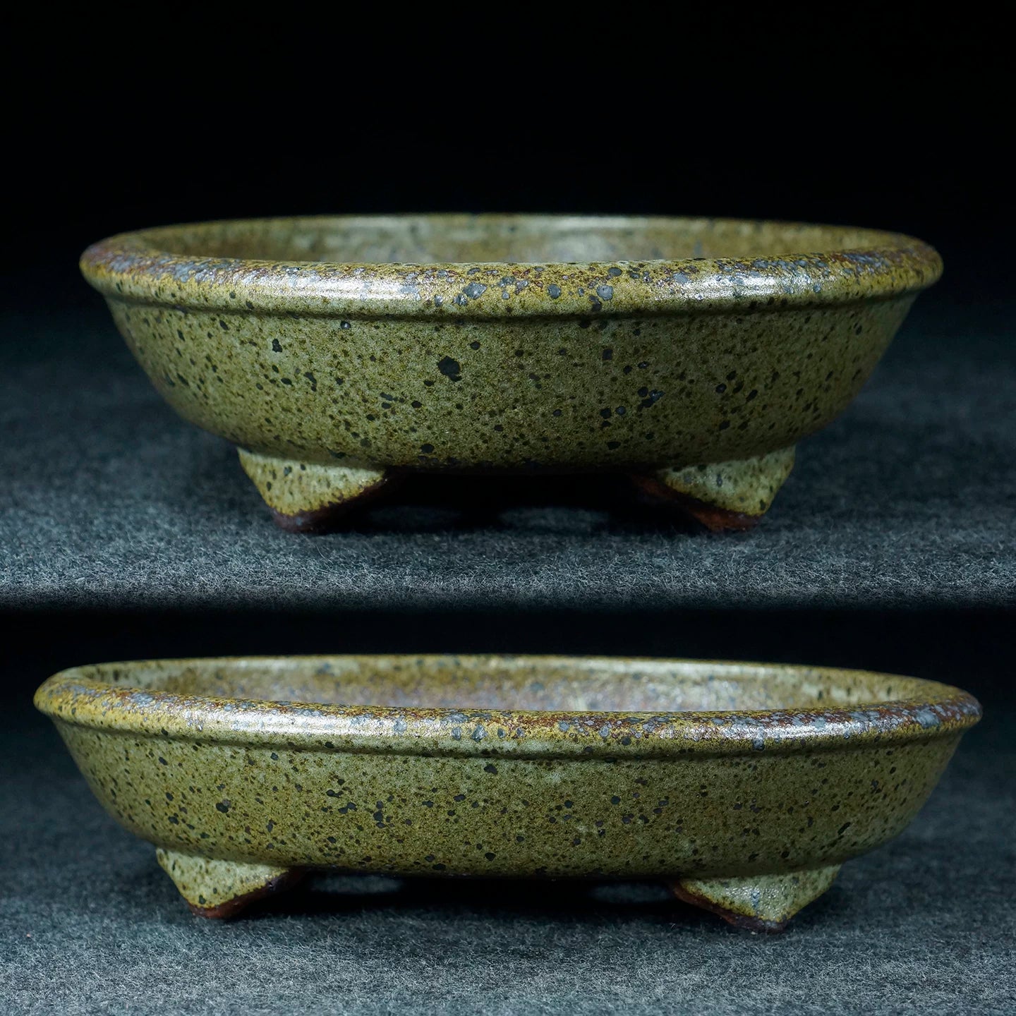 8.5 inch (21.7cm) Shallow Oval Green Multi-Tone Speckled Finish Jun Glaze Bonsai Pot Side View
