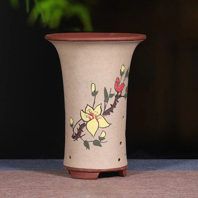 8.6" (22cm) Deep Round Artistic Floral Cascade Bonsai Pots Beige Color