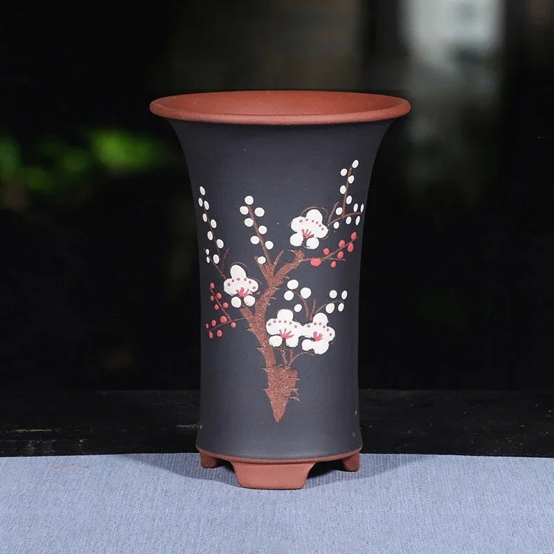 8.6" (22cm) Deep Round Artistic Floral Cascade Bonsai Pots Black Color