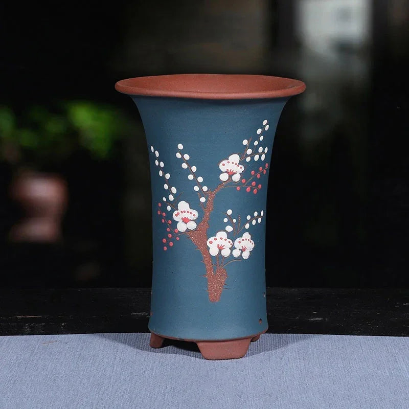 8.6" (22cm) Deep Round Artistic Floral Cascade Bonsai Pots Blue Color