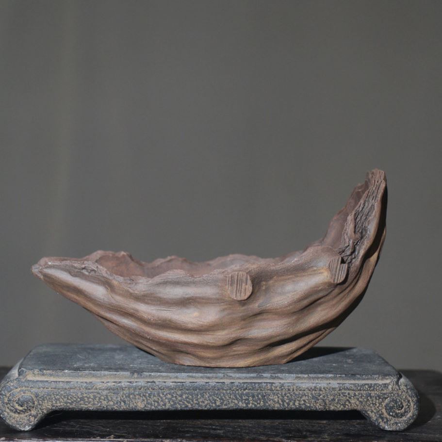 8.6" (22cm) Handcrafted Driftwood-Like Abstract Bonsai Pot Opposite Side View