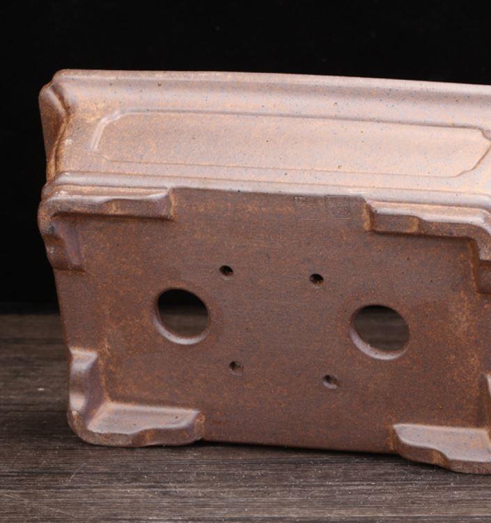 8.6" (22cm) Rectangular Firewood Burning Speckled Clay Bonsai Pot Bottom View
