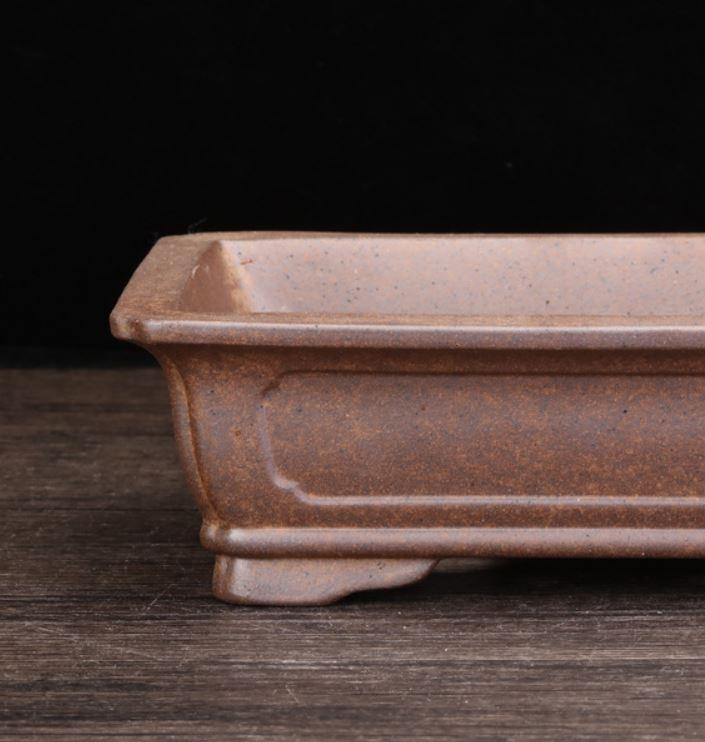 8.6" (22cm) Rectangular Firewood Burning Speckled Clay Bonsai Pot Close Shot