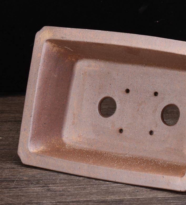 8.6" (22cm) Rectangular Firewood Burning Speckled Clay Bonsai Pot Inner View