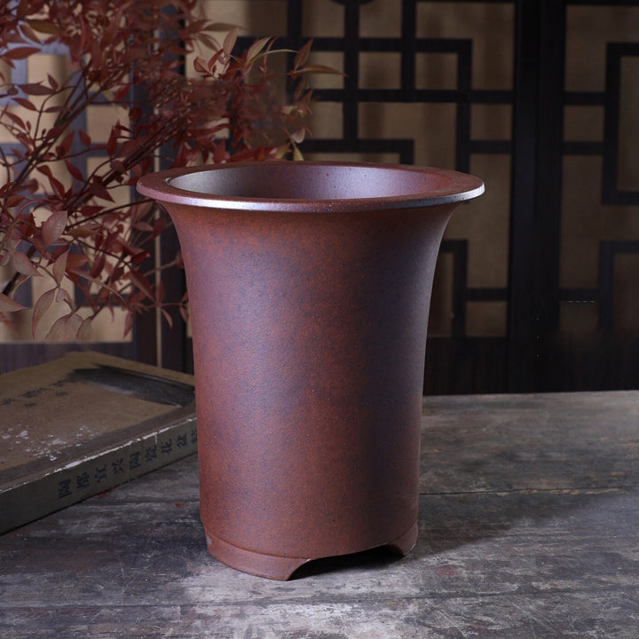 8.6 Inch (22cm) Deep Round Wood-Fired Unglazed Antique-Style Flared Top Rim Traditional Bonsai Pot