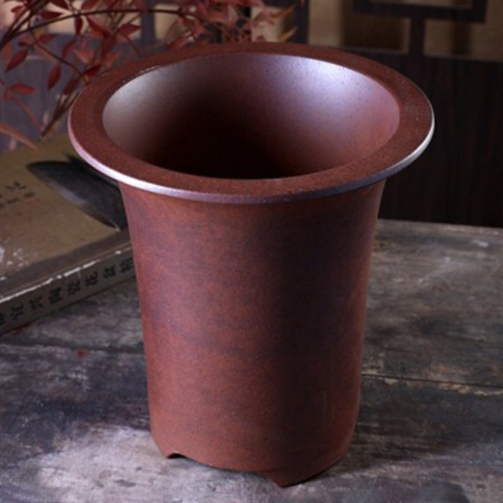 8.6 Inch (22cm) Deep Round Wood-Fired Unglazed Antique-Style Flared Top Rim Traditional Bonsai Pot Top View