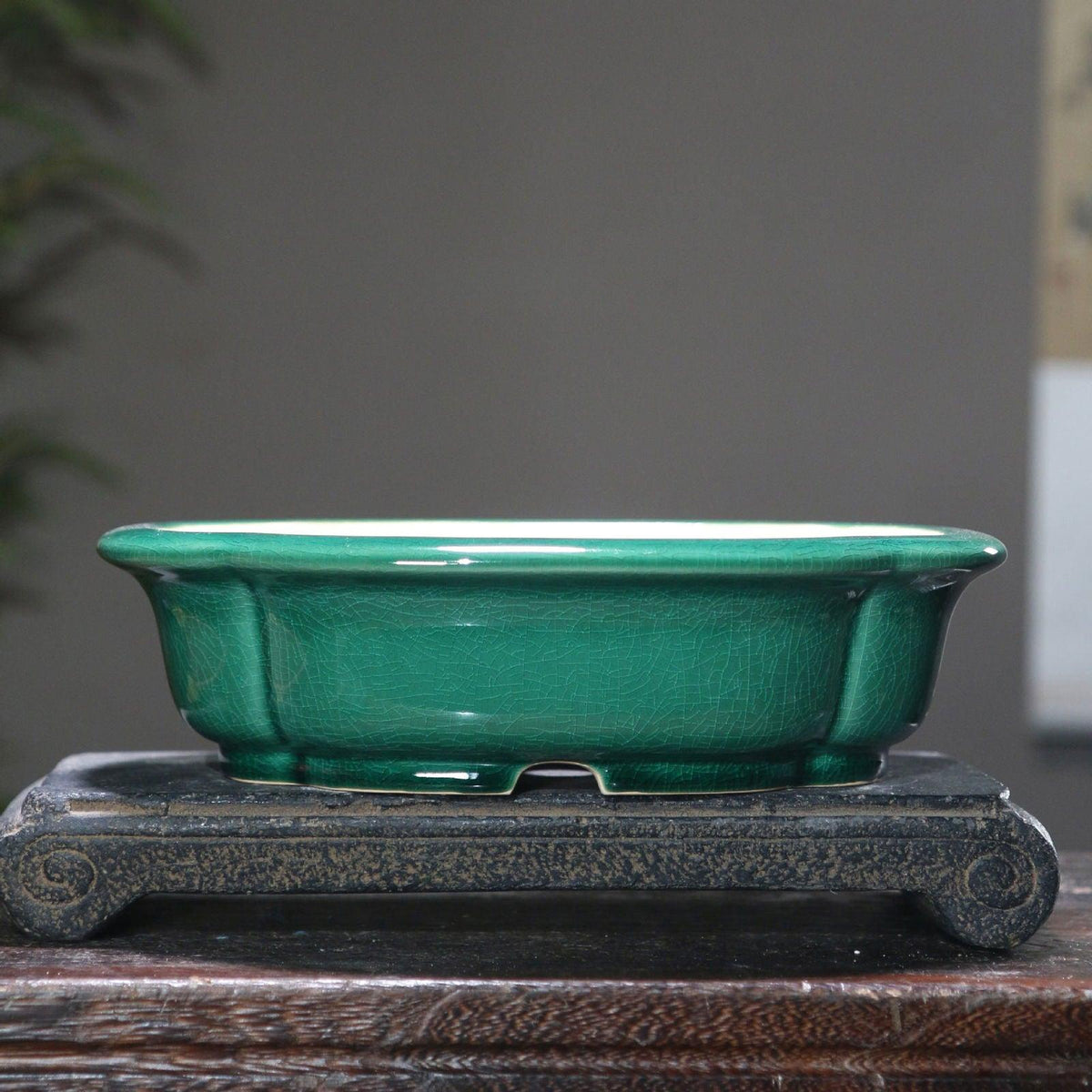 8.6" (22cm) Lotus Shaped Handmade Cracked Glaze Bonsai Pots Green Color