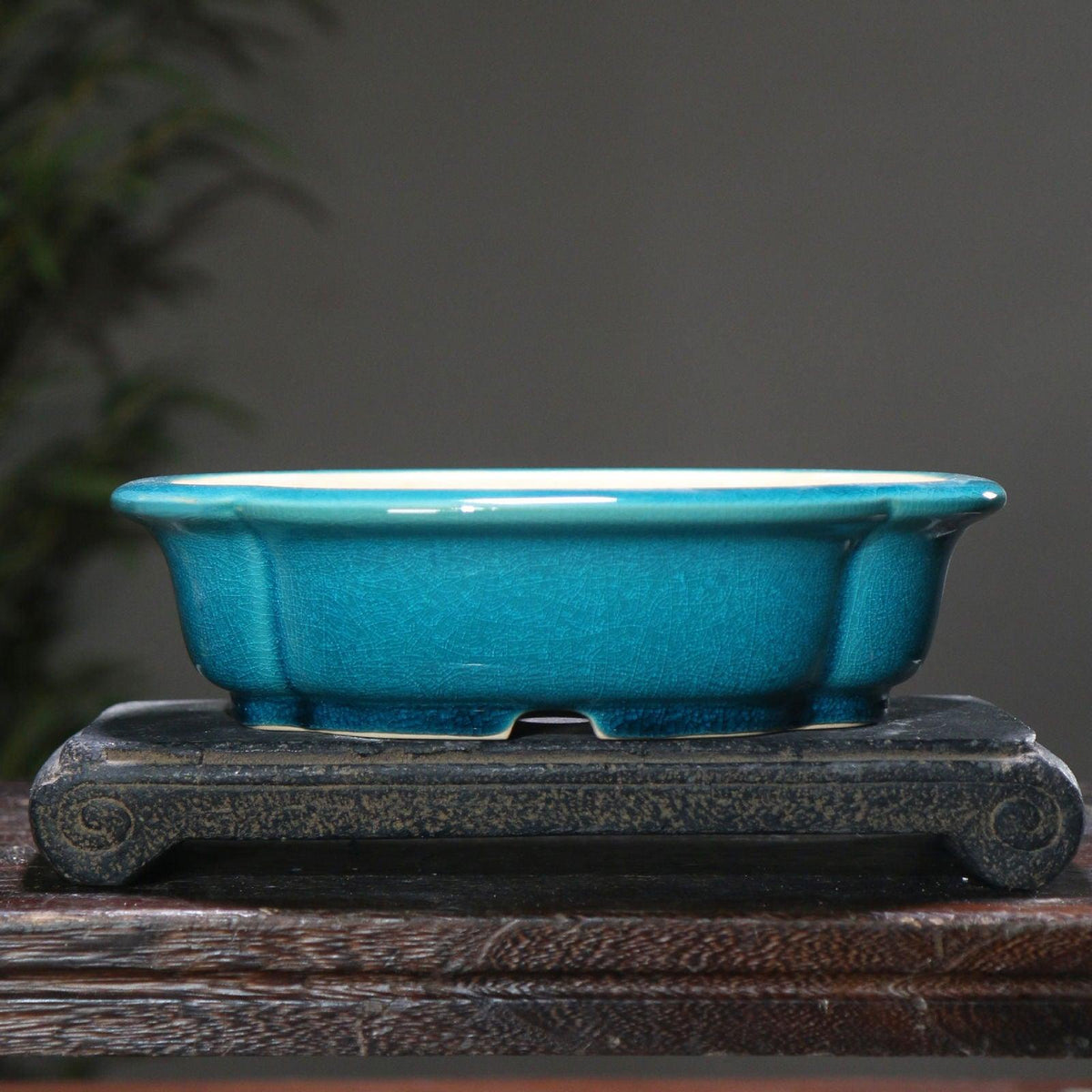 8.6" (22cm) Lotus Shaped Handmade Cracked Glaze Bonsai Pots Peacock Blue Color