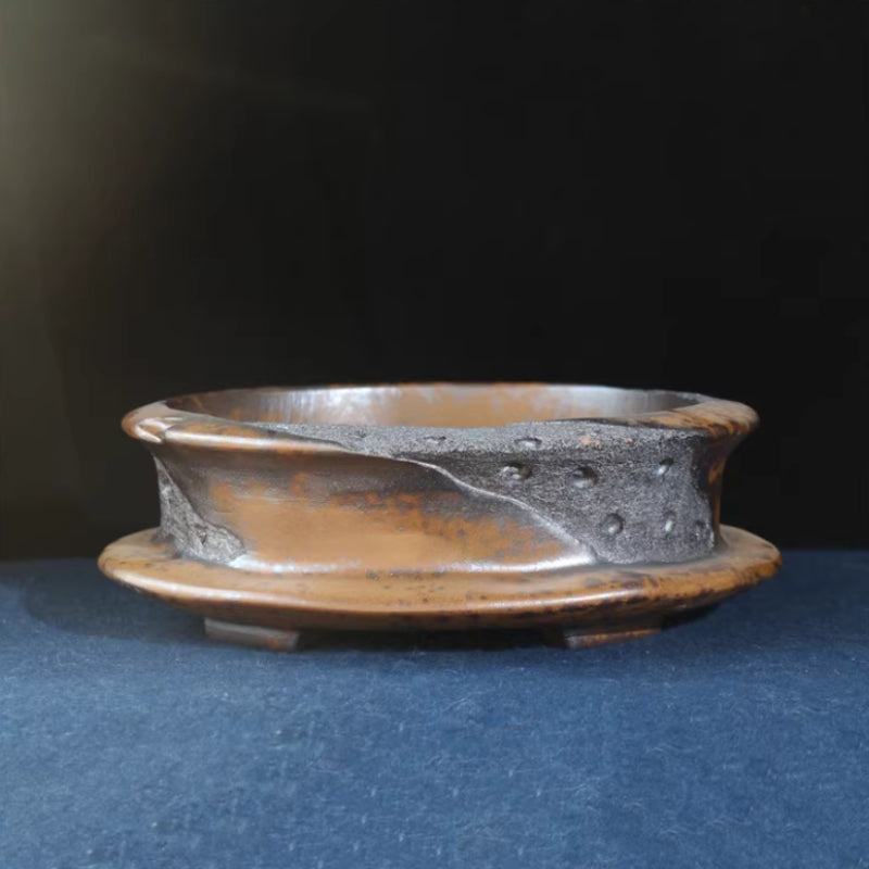 8.6 inch (22cm) Cliff-Edge Style Irregular Oval Wood-Fired Unique Bonsai Pot