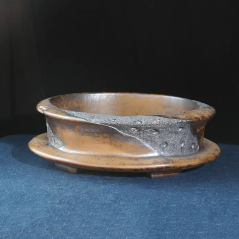 8.6 inch (22cm) Cliff-Edge Style Irregular Oval Wood-Fired Unique Bonsai Pot Corner View