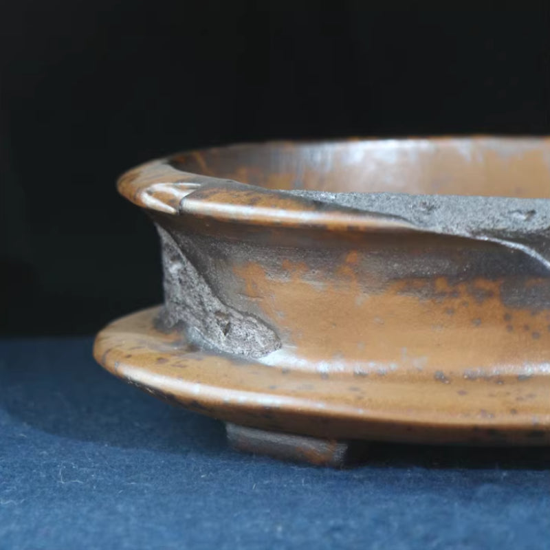 8.6 inch (22cm) Cliff-Edge Style Irregular Oval Wood-Fired Unique Bonsai Pot Left Side Close Shot