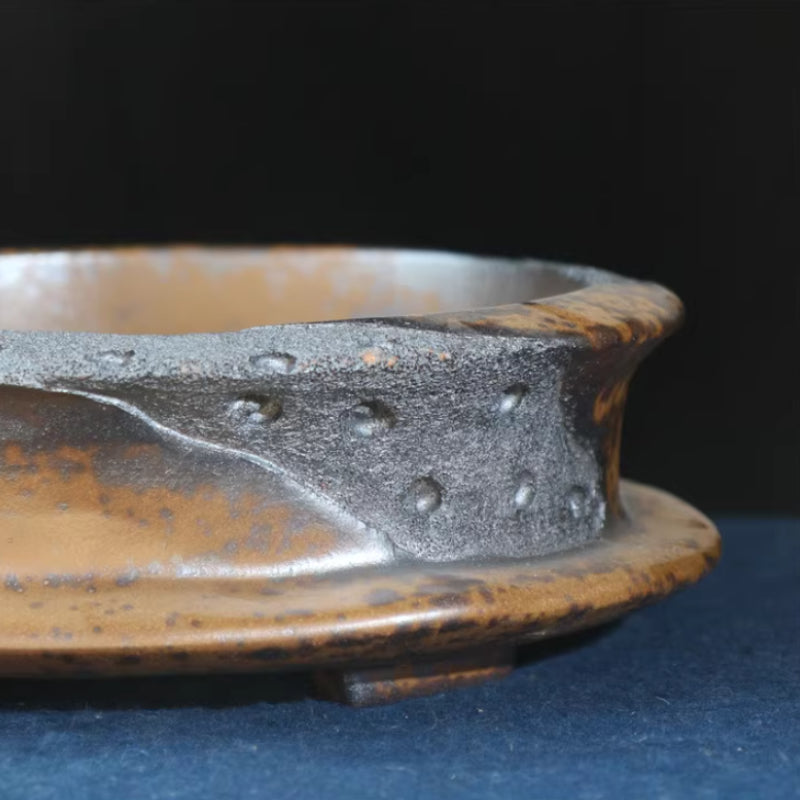 8.6 inch (22cm) Cliff-Edge Style Irregular Oval Wood-Fired Unique Bonsai Pot Right Side Close Shot